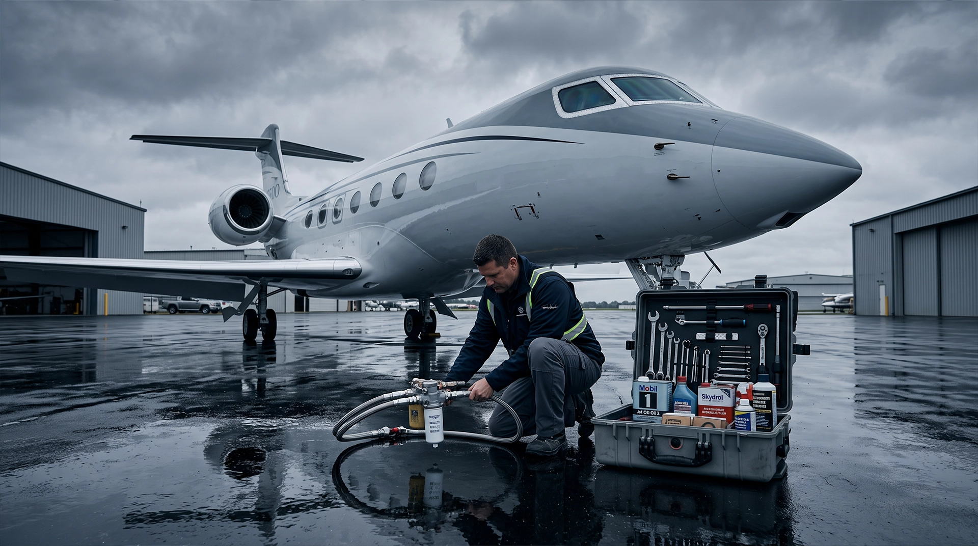 Technician with consumables and hardware next to a business jet on the ramp.