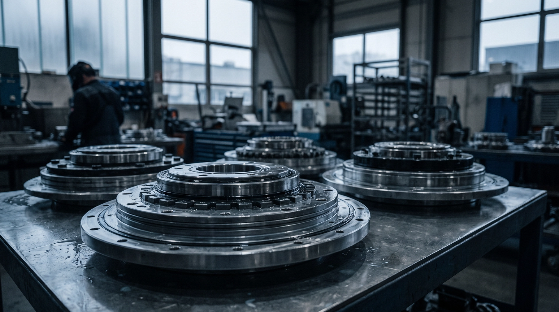 Aircraft rotor components in a workshop.